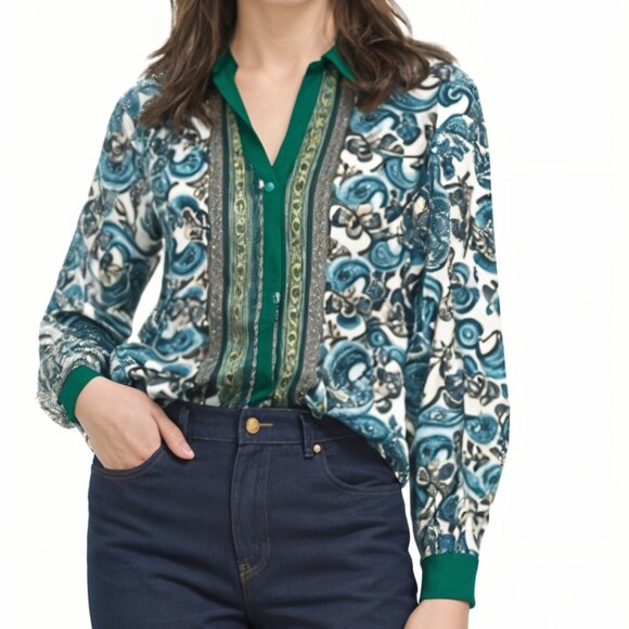 The Limited Tops - The Limited Women’s Paisley Print Long Sleeve Button-Up Collared Blouse Small